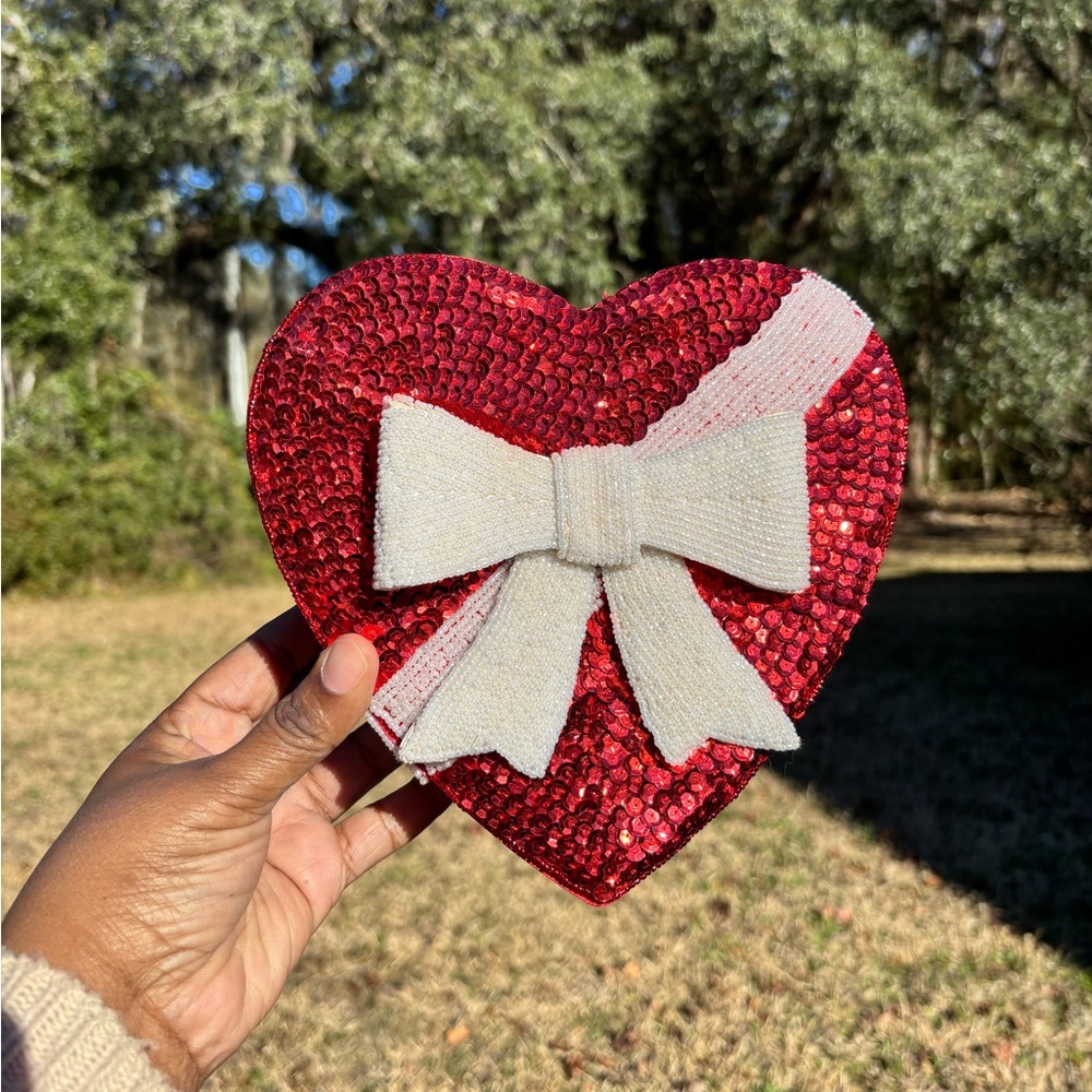 Red Sequin Heart Box with White Bow EUC